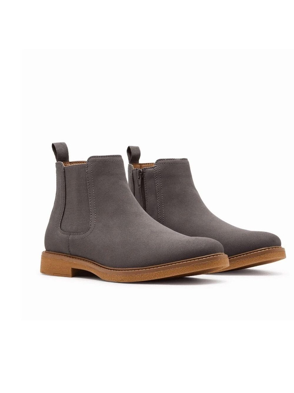 Madden NYC Men's Faux Suede Mistery Gray Chelsea Boots with Tan Sole Slip On